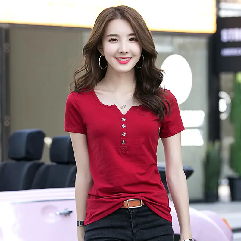 2025 Korean Style V-neck Button T-shirt Pink Small - Image 8