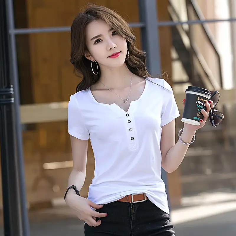 2025 Korean Style V-neck Button T-shirt Pink Small - Image 9