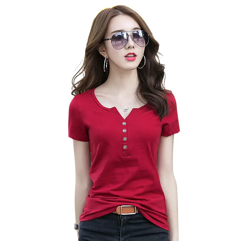 2025 Korean Style V-neck Button T-shirt Pink Small - Image 10