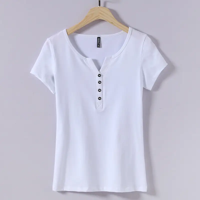 2025 Korean Style V-neck Button T-shirt Pink Small - Image 2