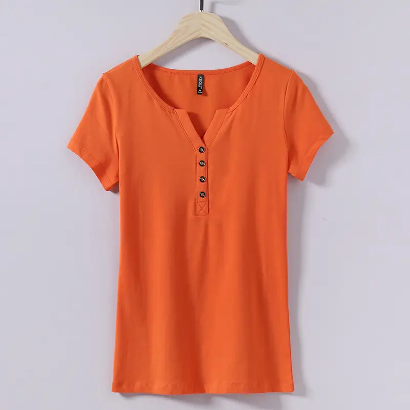 2025 Korean Style V-neck Button T-shirt Pink Small - Image 3