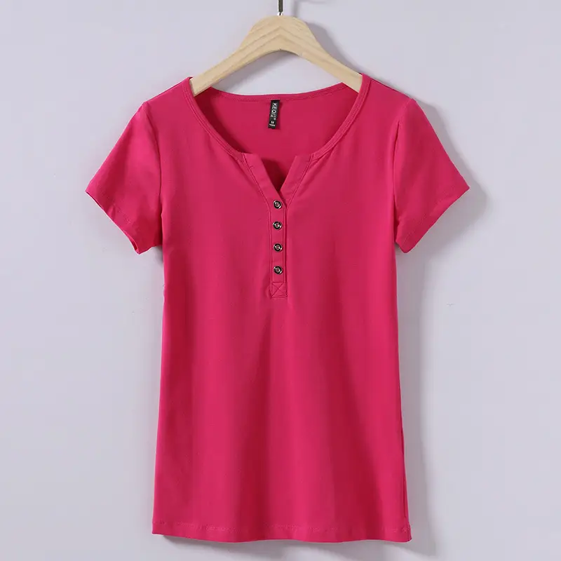 2025 Korean Style V-neck Button T-shirt Pink Small - Image 4