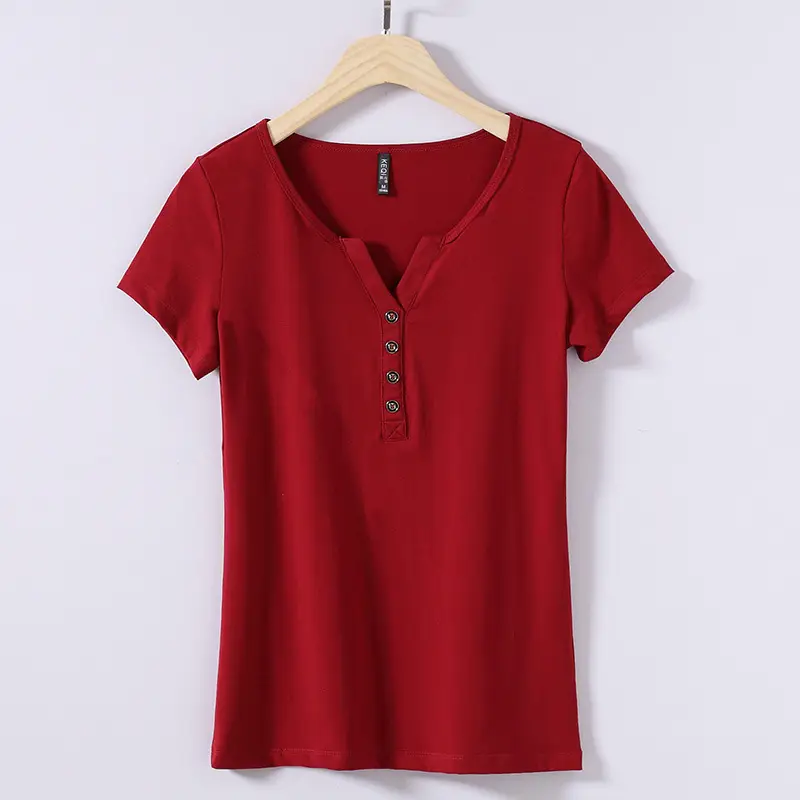 2025 Korean Style V-neck Button T-shirt Pink Small - Image 5