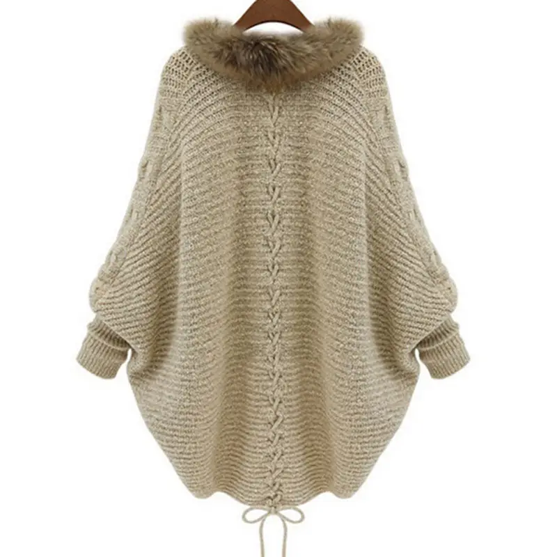 Knitted Fur Collar Sweater for Women Beige - Image 4