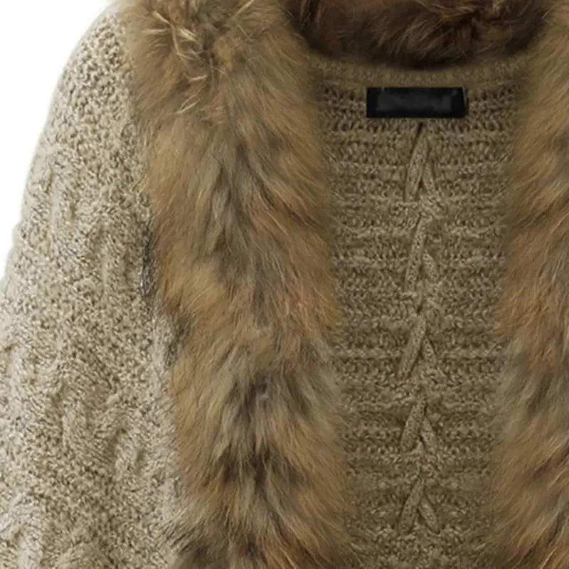 Knitted Fur Collar Sweater for Women Beige - Image 5