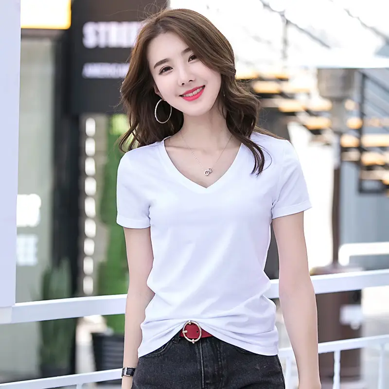 2025 V-neck Green Cotton T-shirt Women Short Sleeve - Image 8