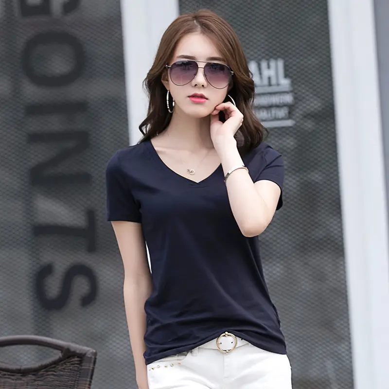 2025 V-neck Green Cotton T-shirt Women Short Sleeve - Image 11