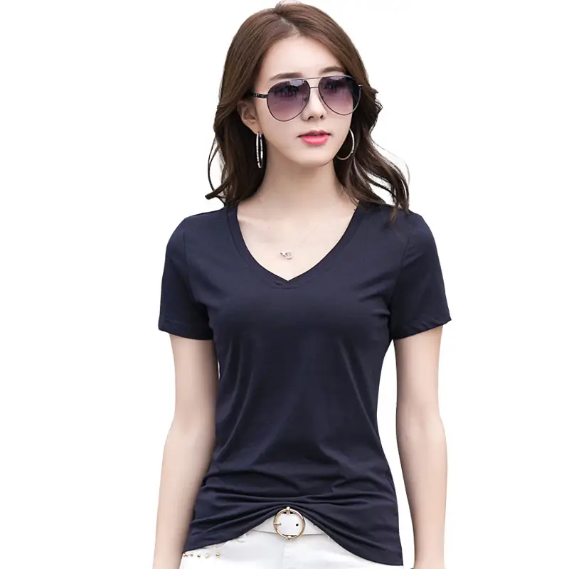 2025 V-neck Green Cotton T-shirt Women Short Sleeve - Image 12