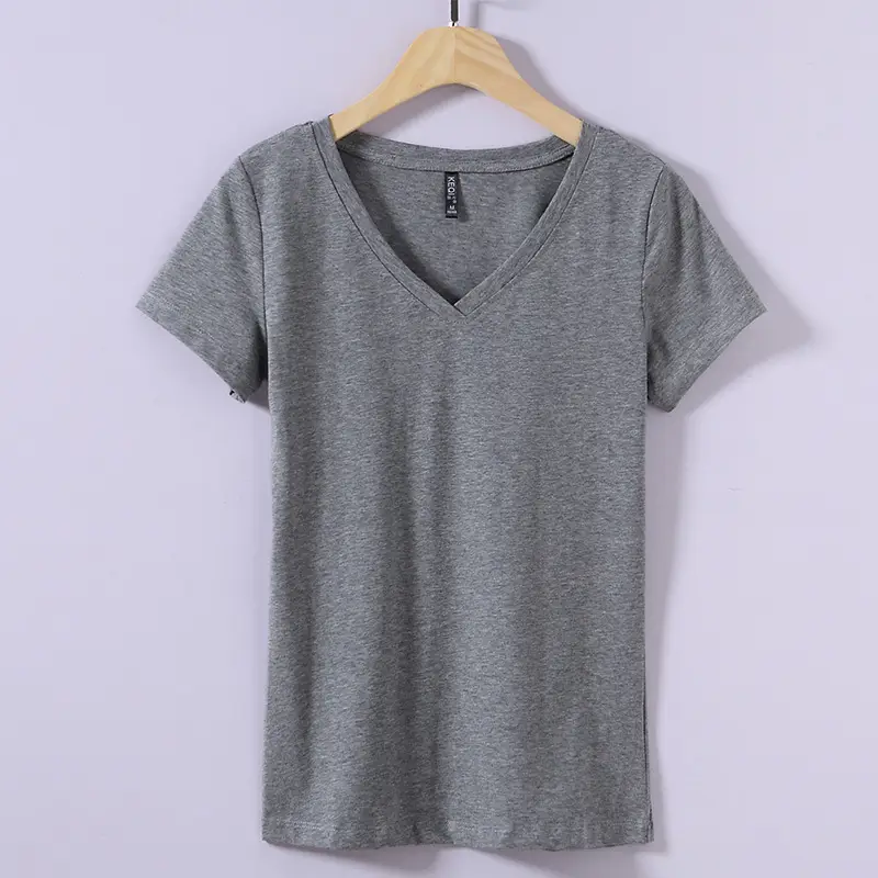 2025 V-neck Green Cotton T-shirt Women Short Sleeve - Image 2