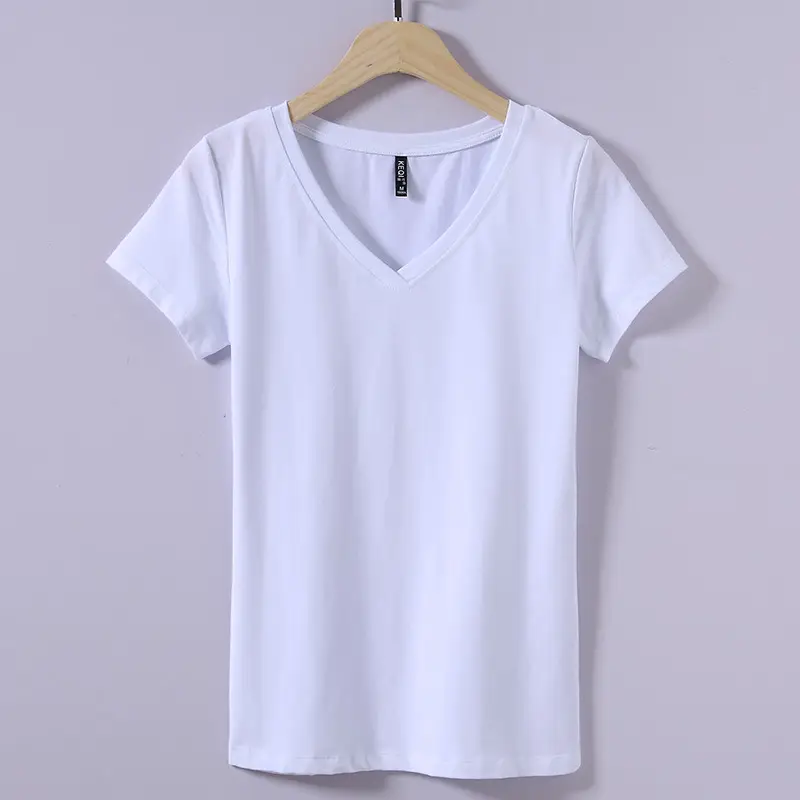 2025 V-neck Green Cotton T-shirt Women Short Sleeve - Image 3