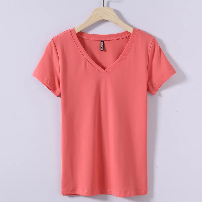 2025 V-neck Green Cotton T-shirt Women Short Sleeve - Image 4