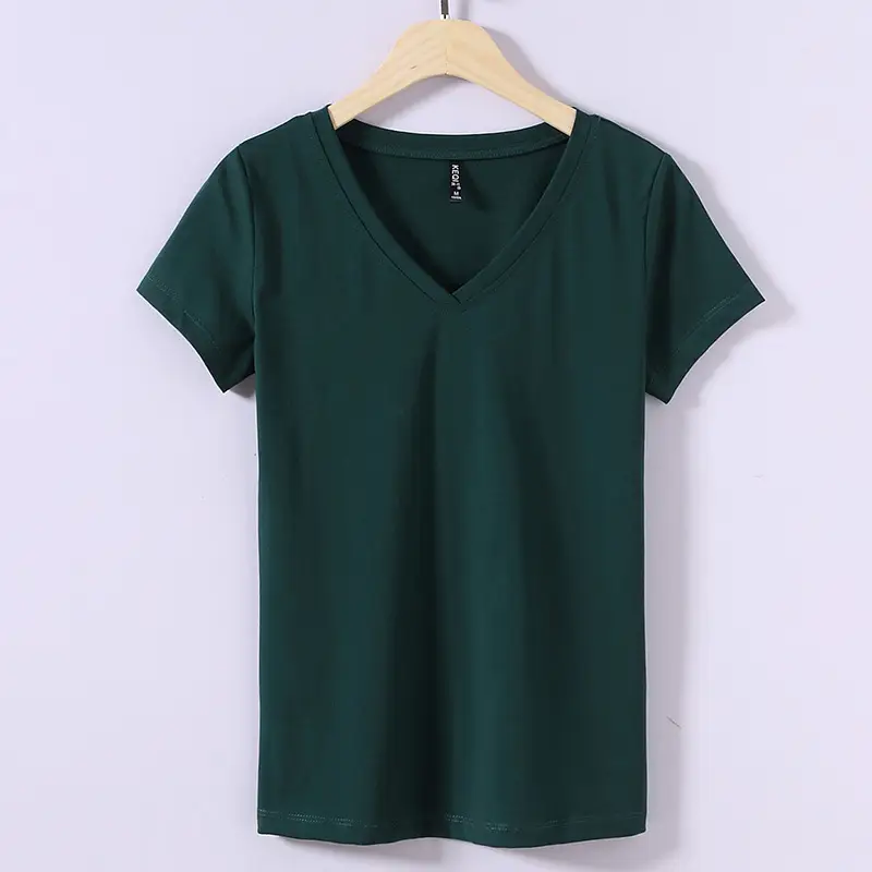 2025 V-neck Green Cotton T-shirt Women Short Sleeve - Image 5