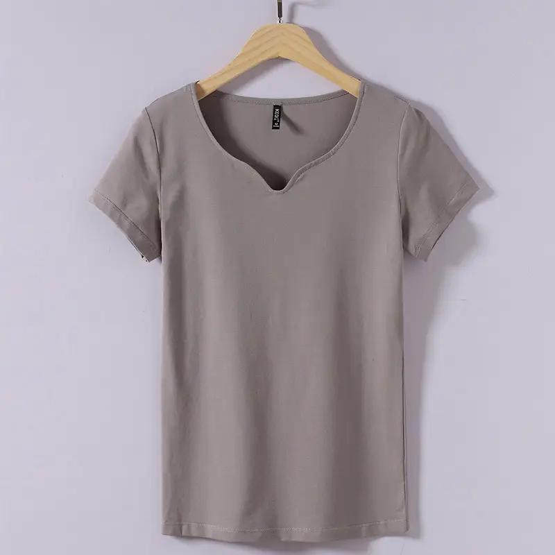 Women Grey Cotton V-Neck T-Shirt 2025 Plus Size