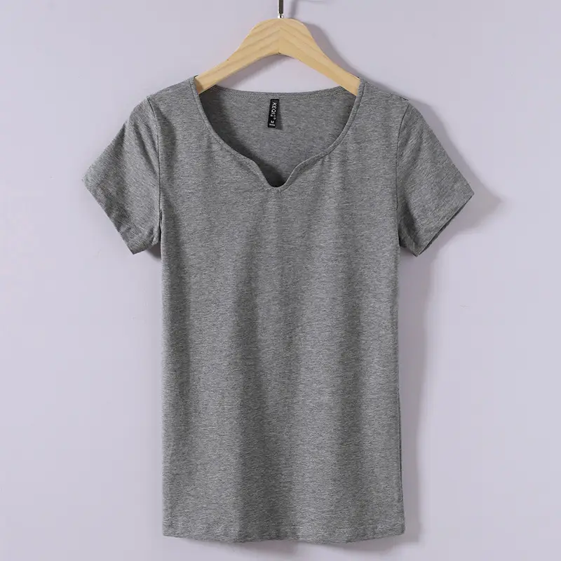 Women Grey Cotton V-Neck T-Shirt 2025 Plus Size