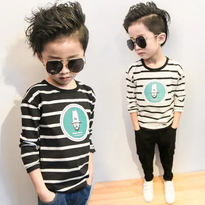 Kids Korean Base Striped T-Shirt Black White Long Sleeve - Image 3