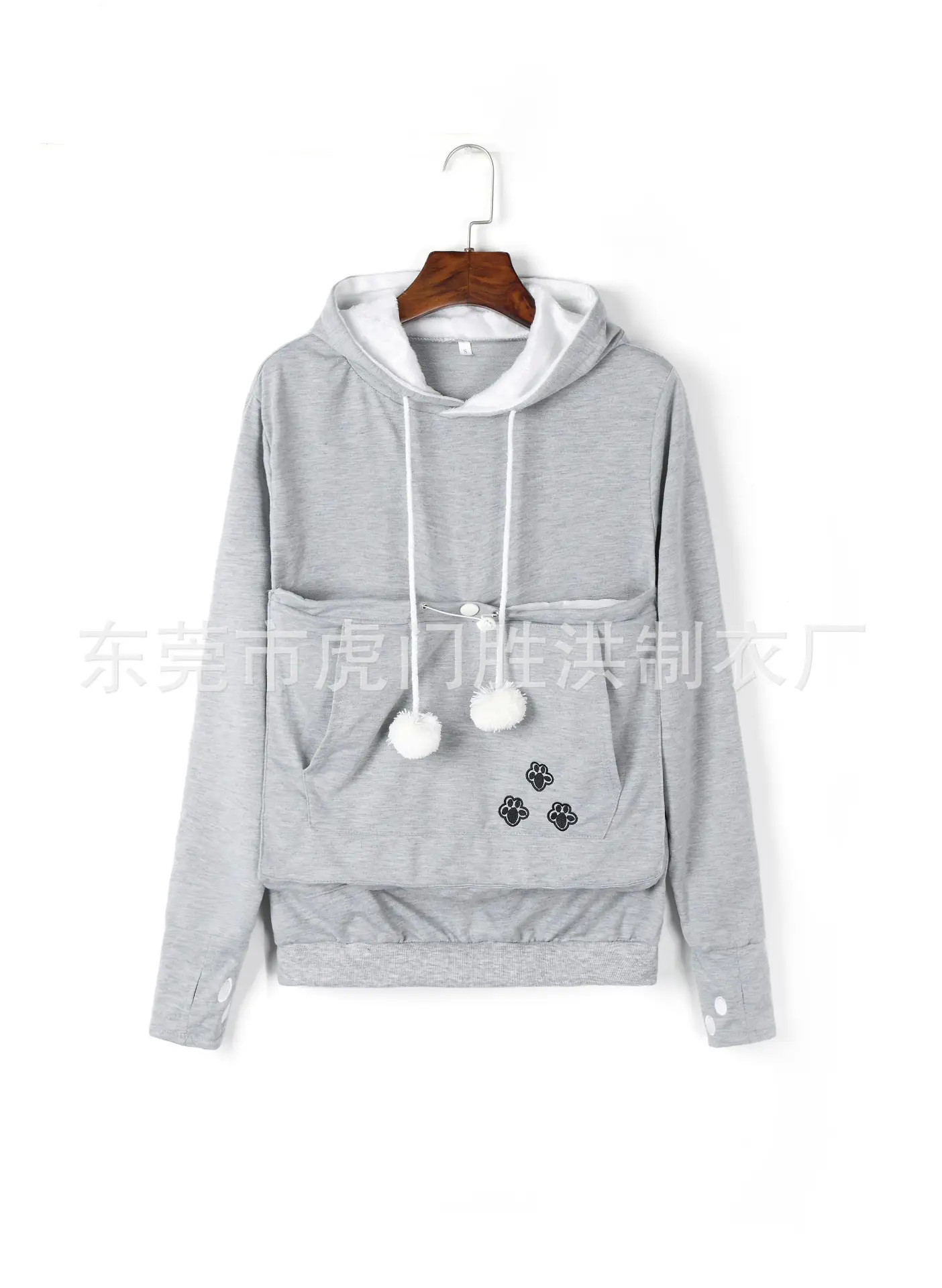 Gray Hooded Sweatshirt with Pocket & Buttons - Image 4