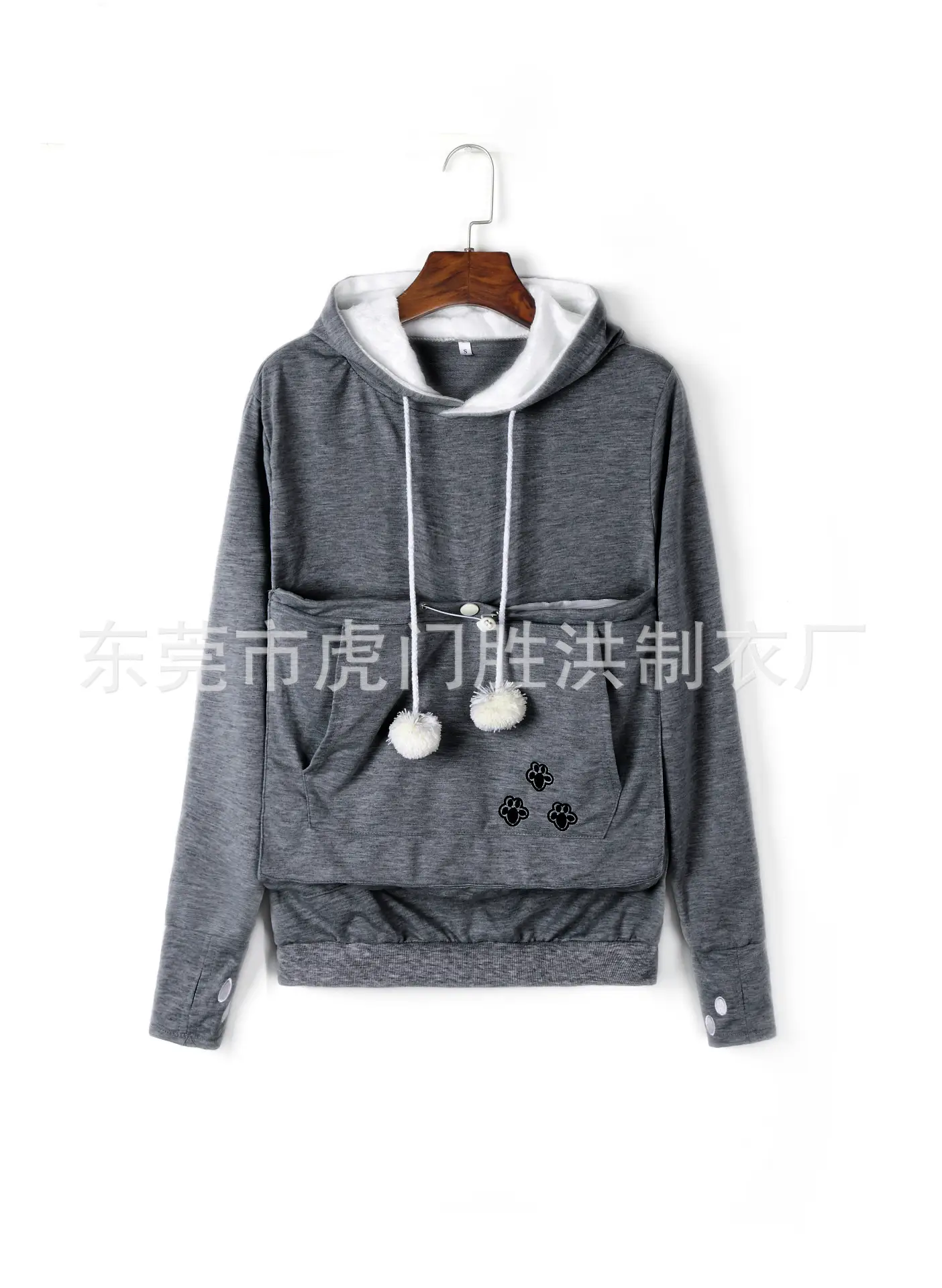 Gray Hooded Sweatshirt with Pocket & Buttons - Image 7