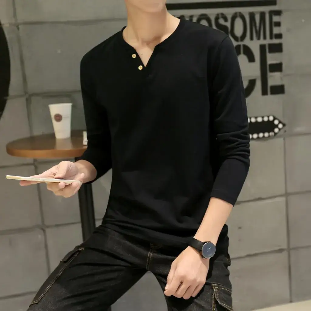 Men Long-Sleeved Red Cotton T-Shirt - Image 8