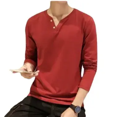 Men Long-Sleeved Red Cotton T-Shirt - Image 9