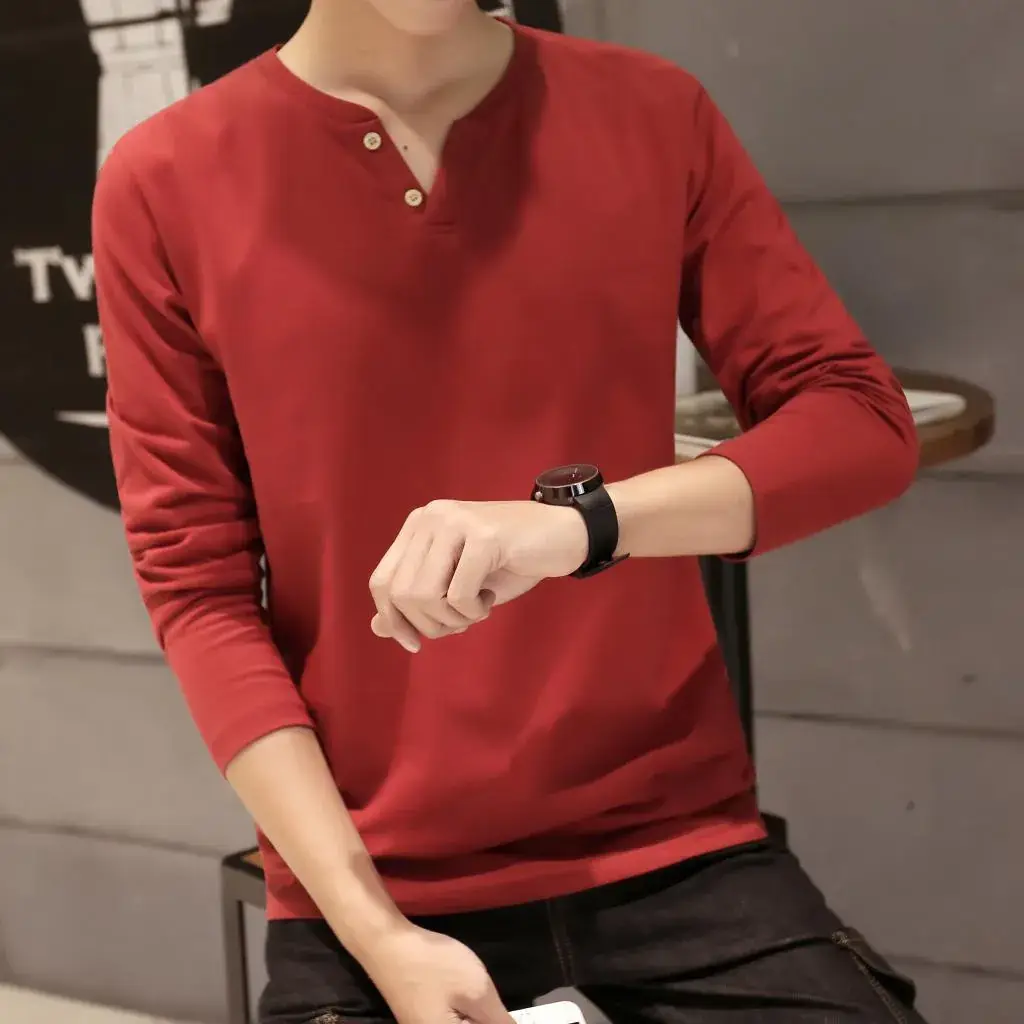 Men Long-Sleeved Red Cotton T-Shirt — feature 47