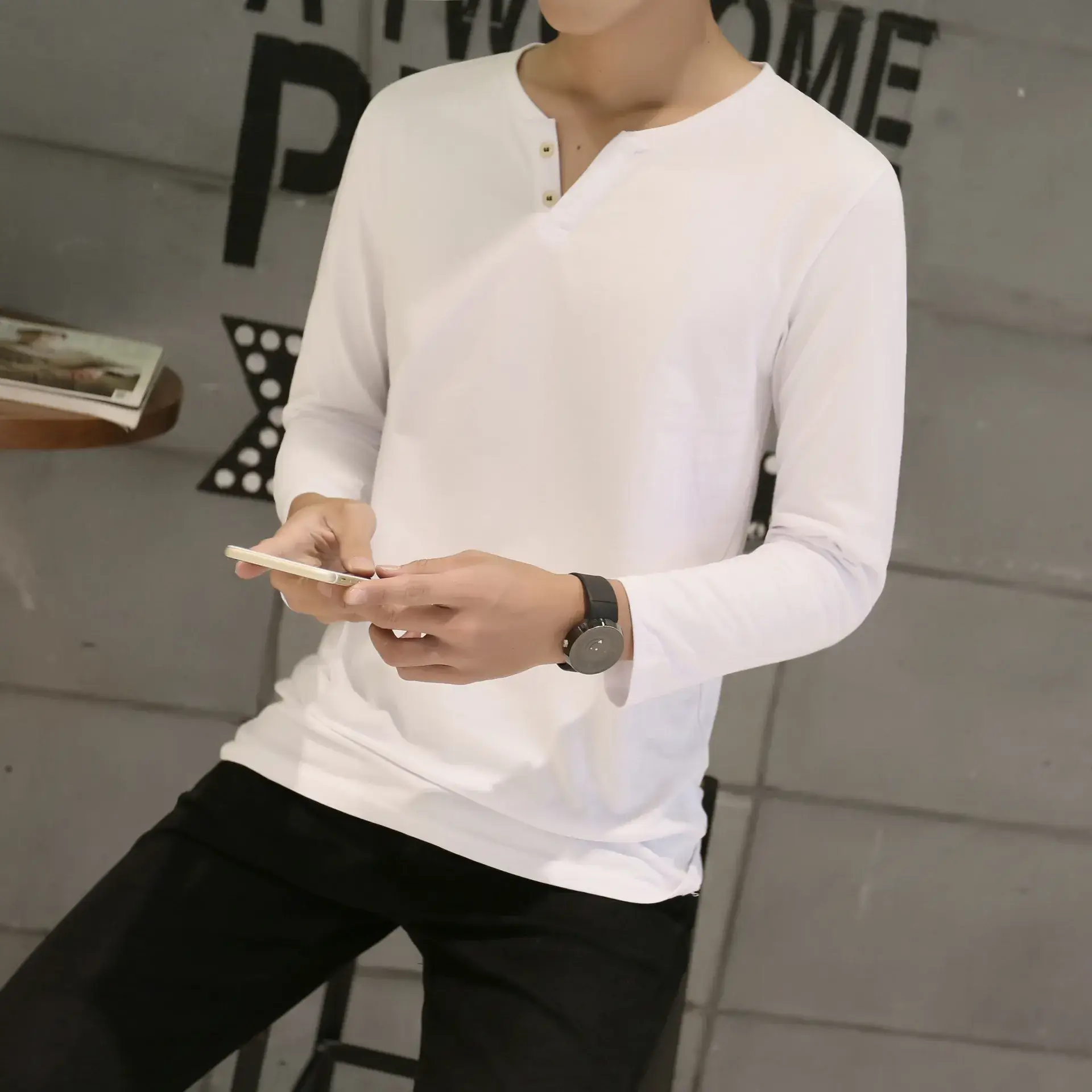 Men Long-Sleeved Red Cotton T-Shirt - Image 3