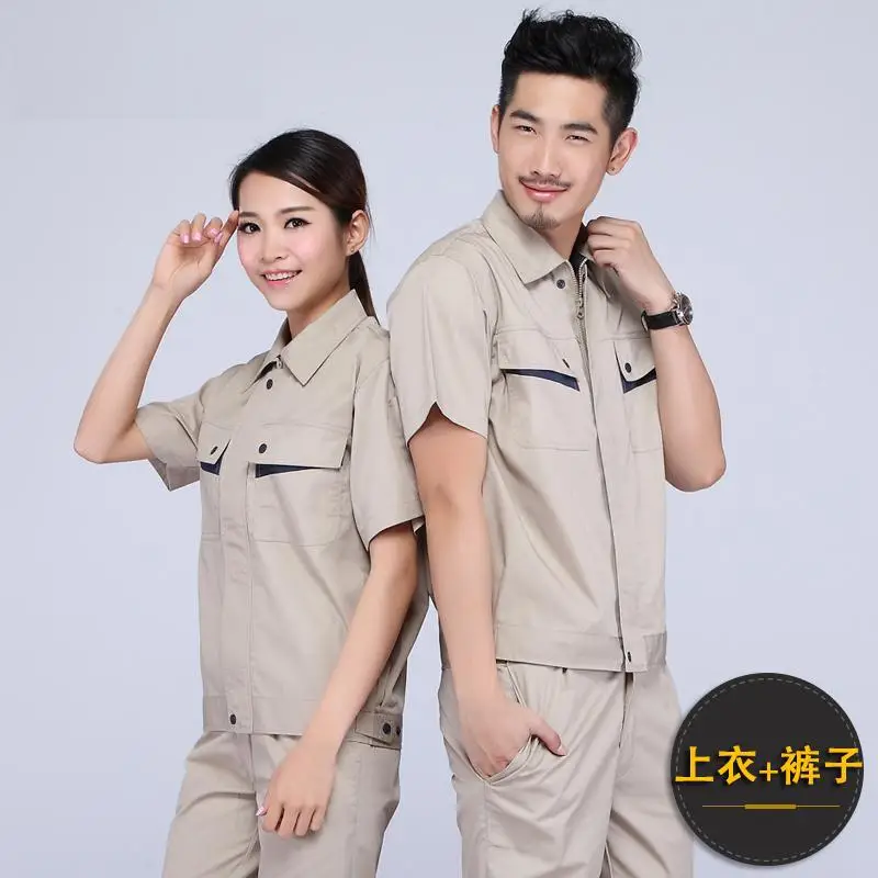 Men Women Summer Work Suit Beige Polyester Cotton Short Sleeve - Image 5