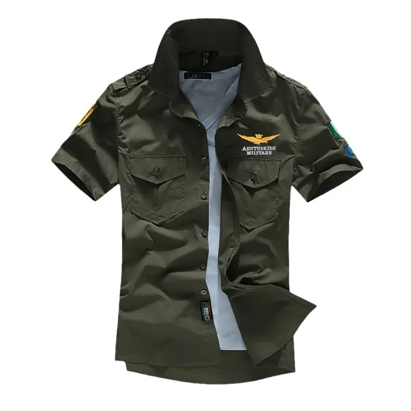 White Army Green Slim Fit Cotton Short Sleeve Shirt for Men - Image 9