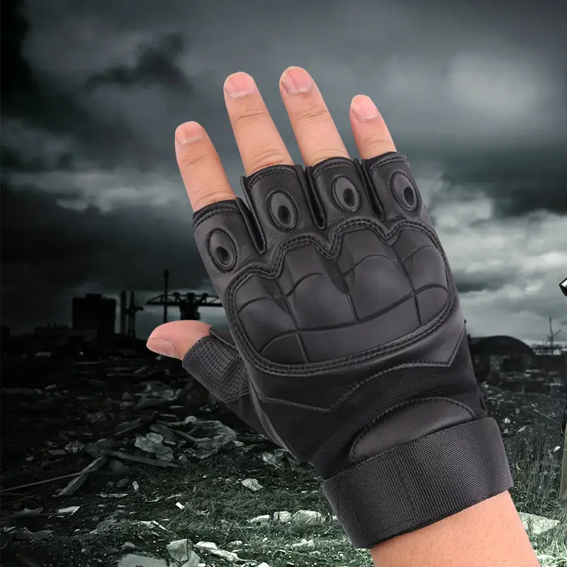 Outdoor Tactical Half-Finger Gloves Black Leather Motorcycle - Image 24