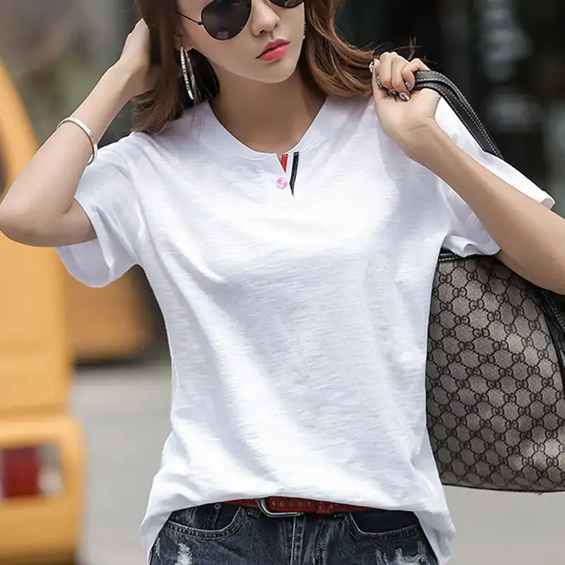 Women Black Slub Cotton Short Sleeve T-Shirt Loose Fit