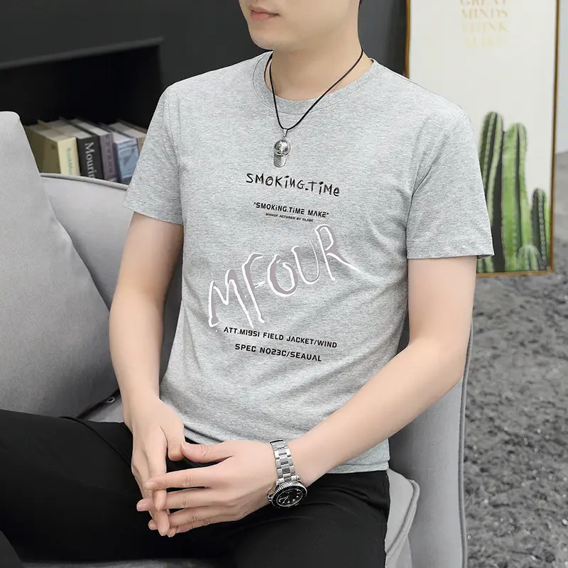 Men Printed Grey T-Shirt Short Sleeve Round Neck - Image 2