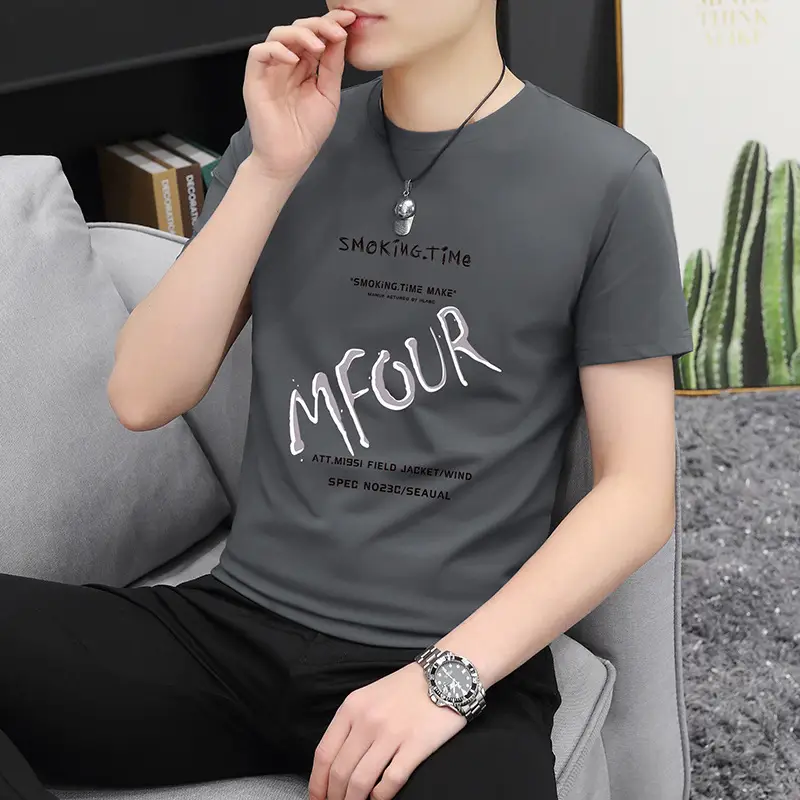 Men Printed Grey T-Shirt Short Sleeve Round Neck - Image 5