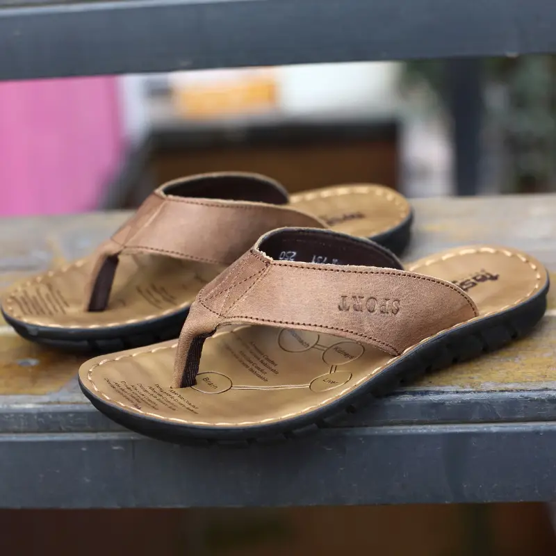 Men's Brown Leather Flip-Flops Driving Beach Wear