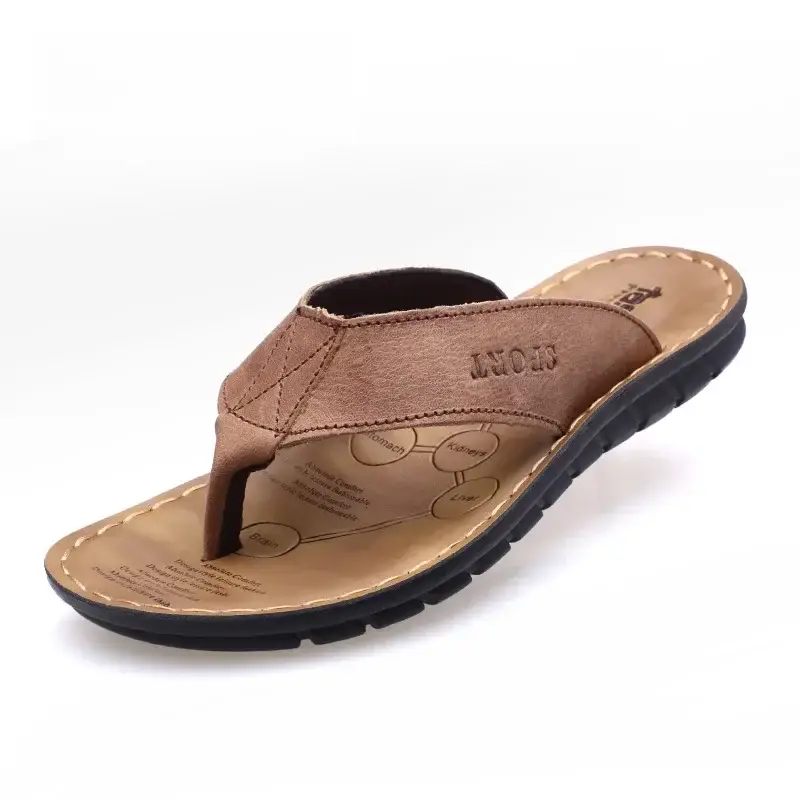 Men's Brown Leather Flip-Flops Driving Beach Wear