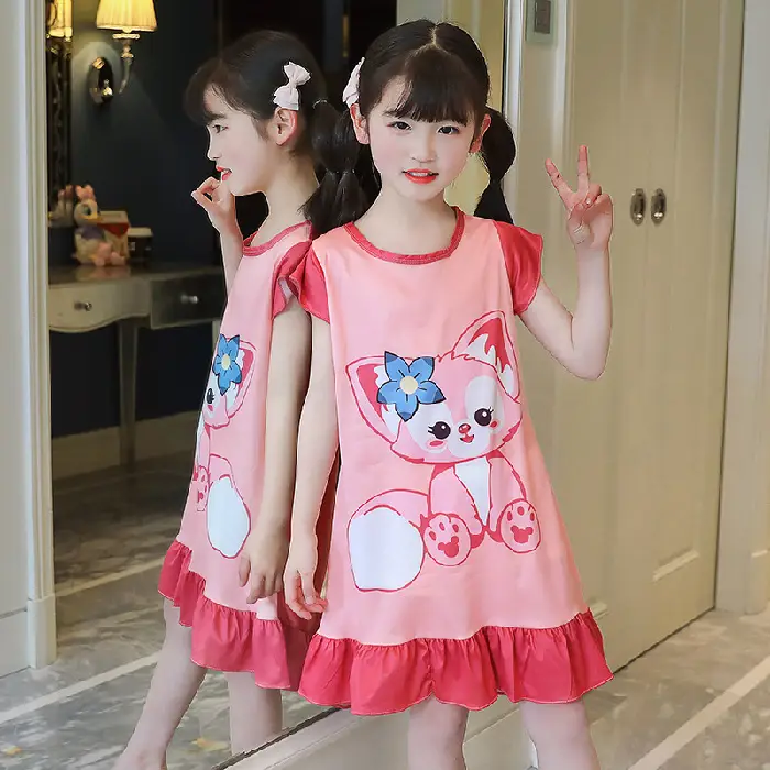 Girls Cotton Nightgown with Frozen Skirt Pink