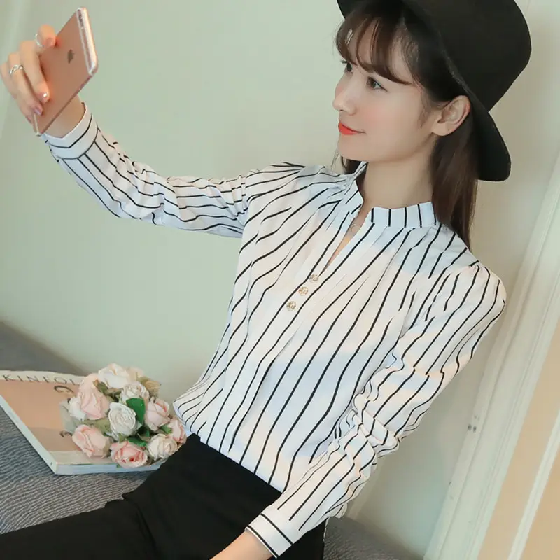 Women Korean Style Long Sleeve Shirt White Red Blue Striped Slim Fit - Image 5