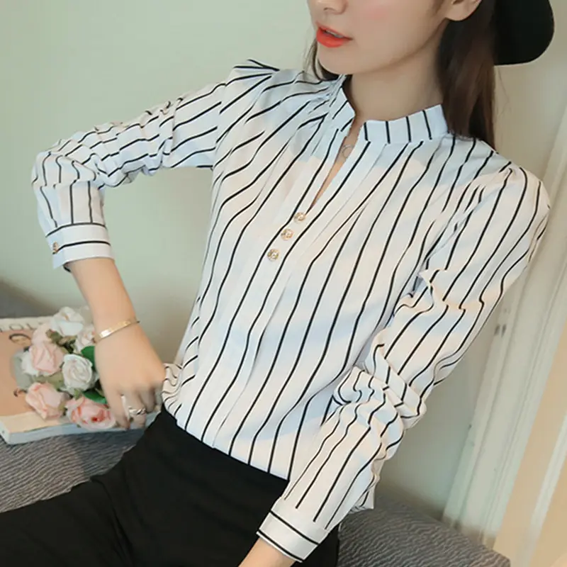 Women Korean Style Long Sleeve Shirt White Red Blue Striped Slim Fit - Image 7