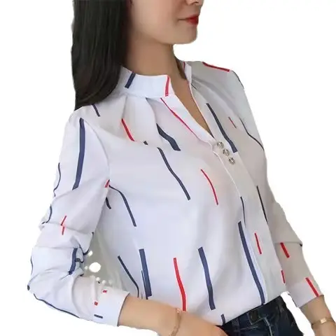Women Korean Style Long Sleeve Shirt White Red Blue Striped Slim Fit - Image 8