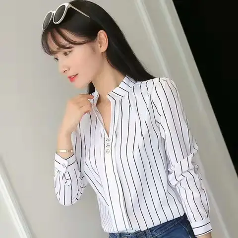 Women Korean Style Long Sleeve Shirt White Red Blue Striped Slim Fit - Image 3