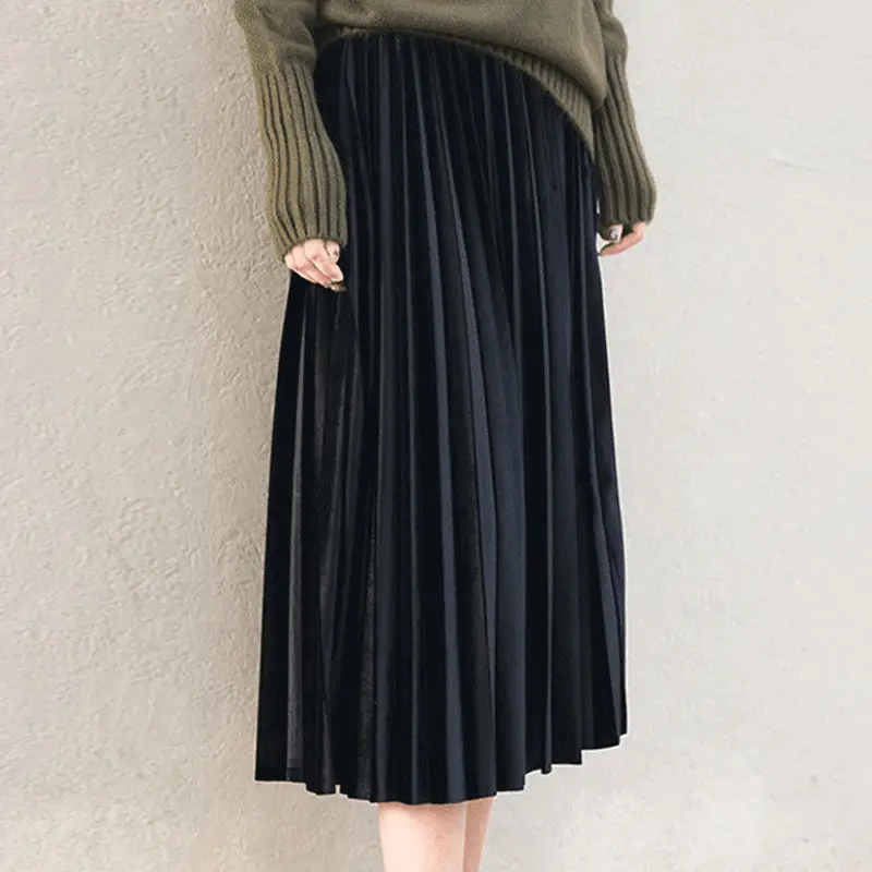 Elegant Pleated Skirt Mid Length Elastic Waist Loose Plus Size - Image 8