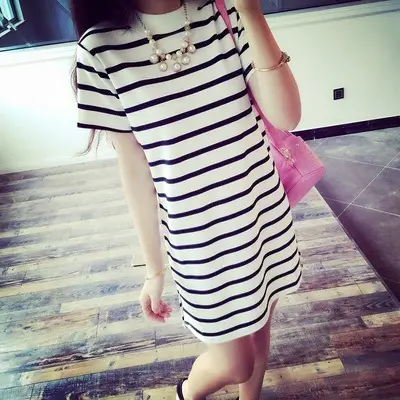 Women Korean Style Striped Mid-Length Dress Loose Fit - Image 2