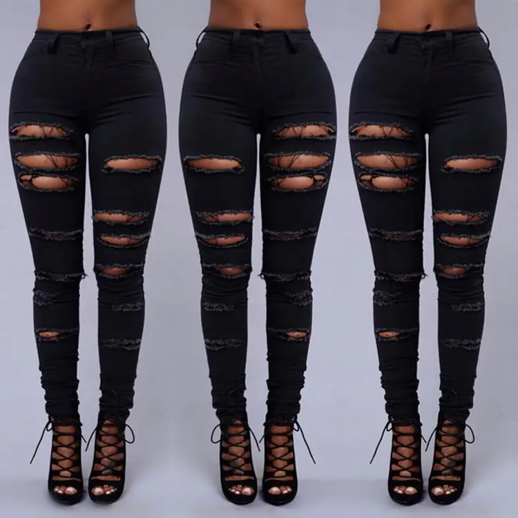 Ripped Black Leg Pants for Women with Lace Up Heels - Image 3