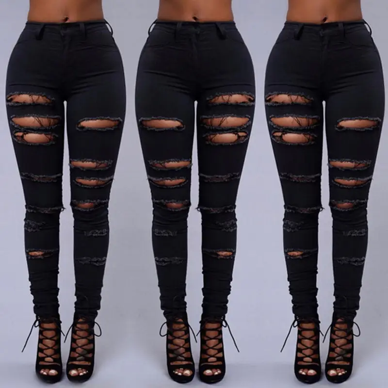 Ripped Black Leg Pants for Women with Lace Up Heels - Image 4
