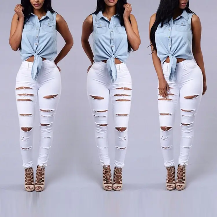 Ripped Black Leg Pants for Women with Lace Up Heels - Image 5