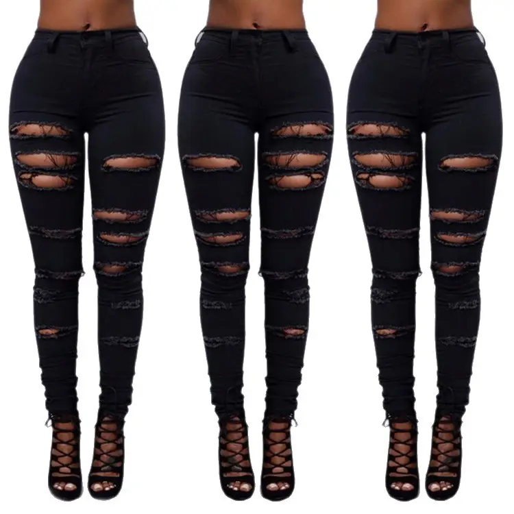 Ripped Black Leg Pants for Women with Lace Up Heels - Image 6