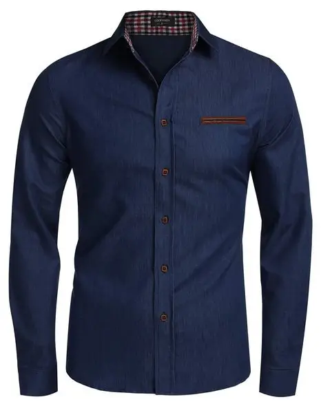 Men's Navy Blue Long Sleeve Denim Shirt - Image 2