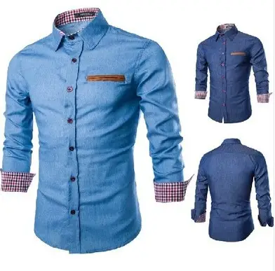 Men's Navy Blue Long Sleeve Denim Shirt - Image 3