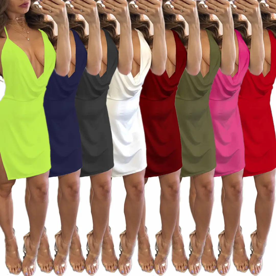 Women's Navy Blue Backless Low Cut Dress with Side Slit - Image 9