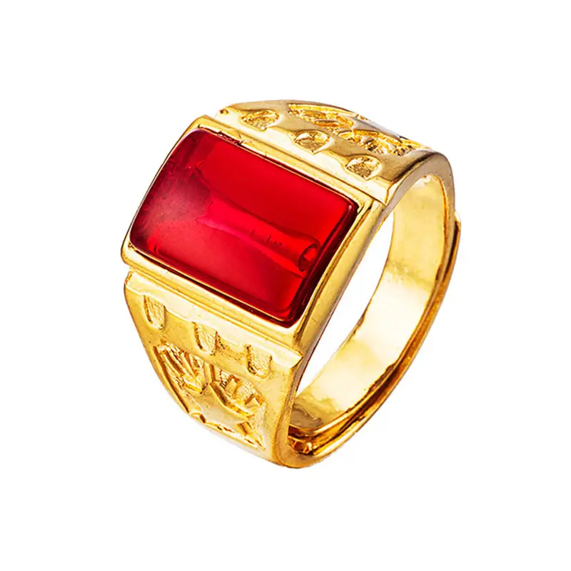 Vietnam Sand Gold Men's Ring with Red Stone
