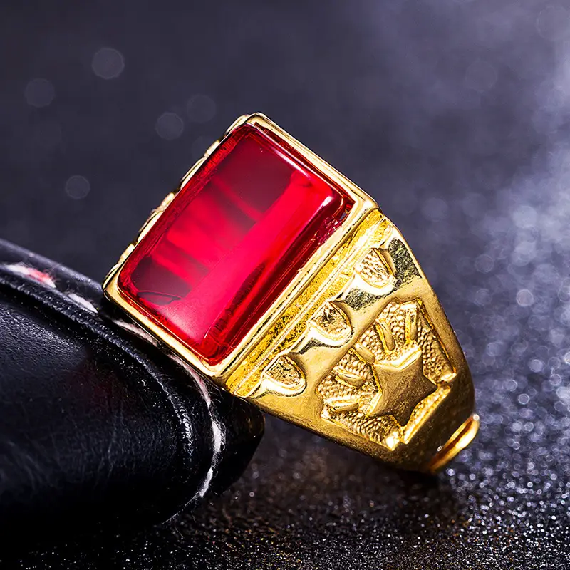 Vietnam Sand Gold Men's Ring with Red Stone