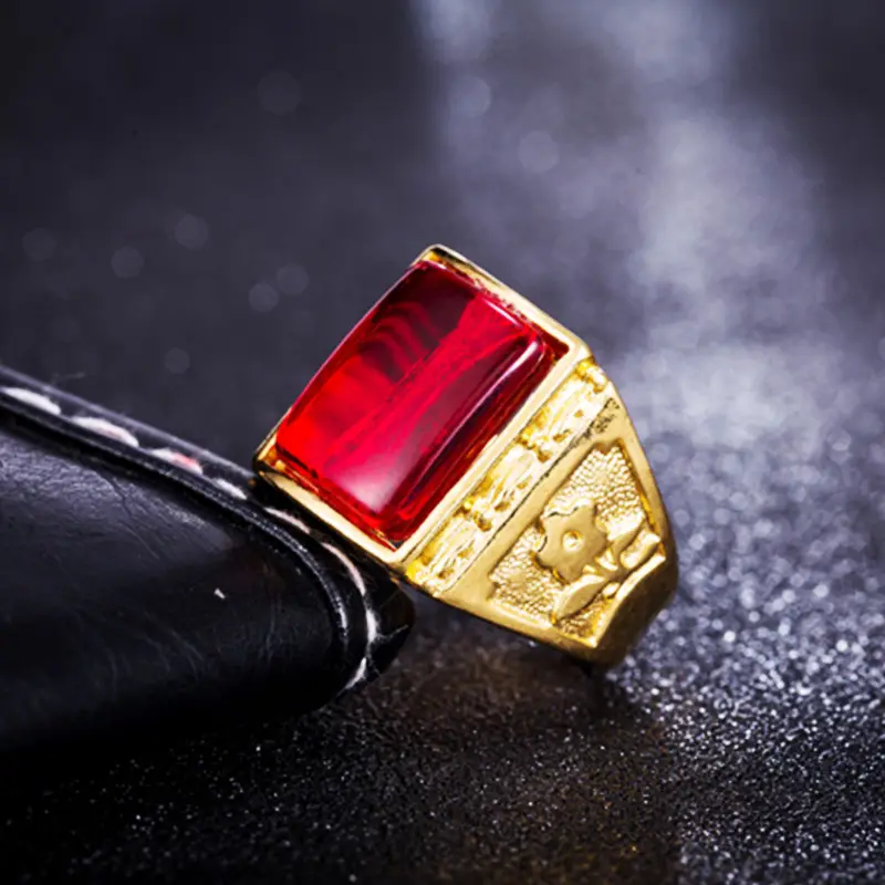 Vietnam Sand Gold Men's Ring with Red Stone